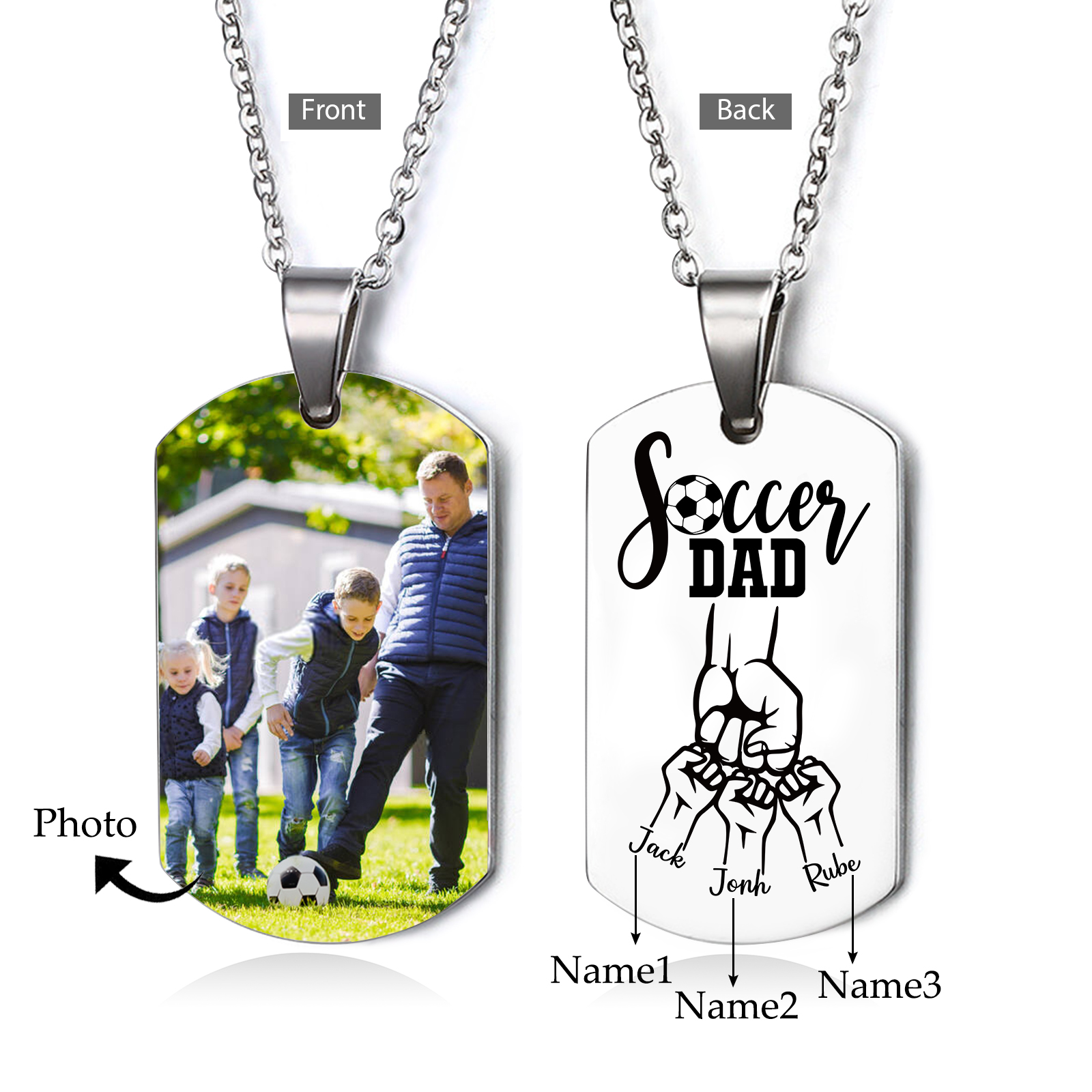 Engraved ‘Soccer Dad’ Necklace – Custom Dog Tag with 1 Photo & 3 Names – Personalised Father’s Day Present for Him | Jessemade