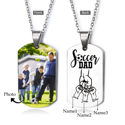 Engraved ‘Soccer Dad’ Necklace – Custom Dog Tag with 1 Photo & 3 Names – Personalised Father’s Day Present for Him | Jessemade