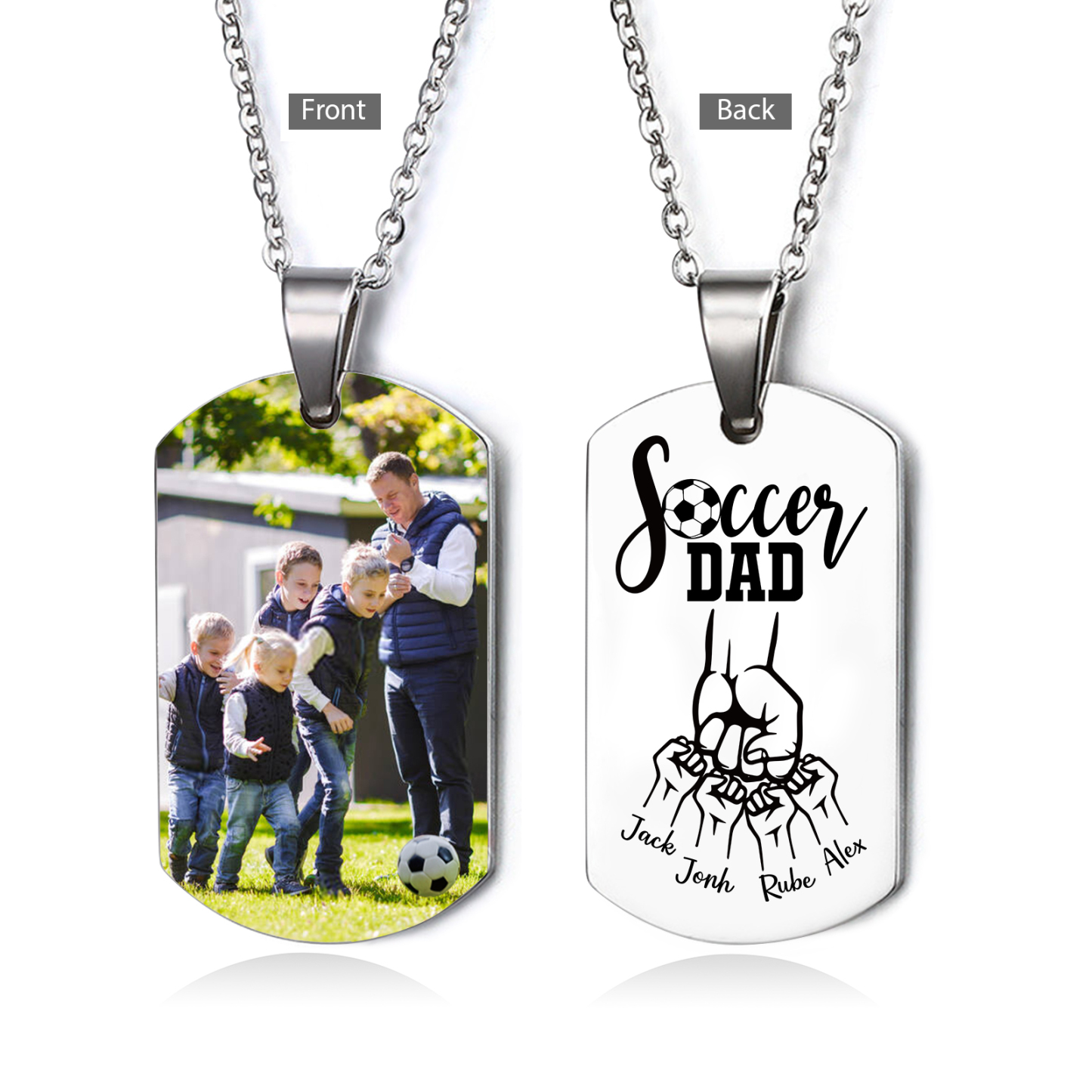 Engraved ‘Soccer Dad’ Necklace – Custom Dog Tag with 1 Photo & 4 Names – Personalised Father’s Day Present for Him | Jessemade
