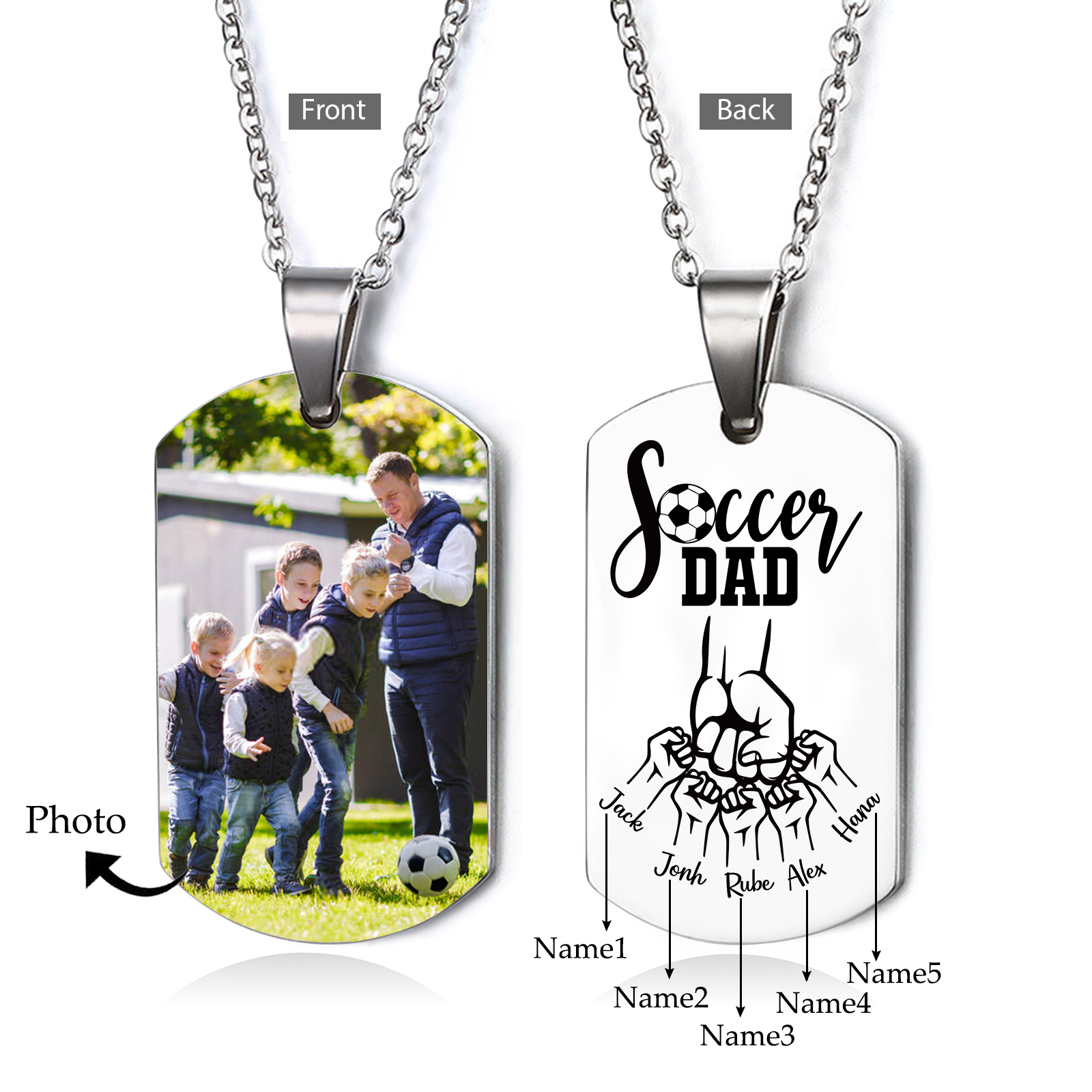 Engraved ‘Soccer Dad’ Necklace – Custom Dog Tag with 1 Photo & 5 Names – Personalised Father’s Day Present for Him | Jessemade