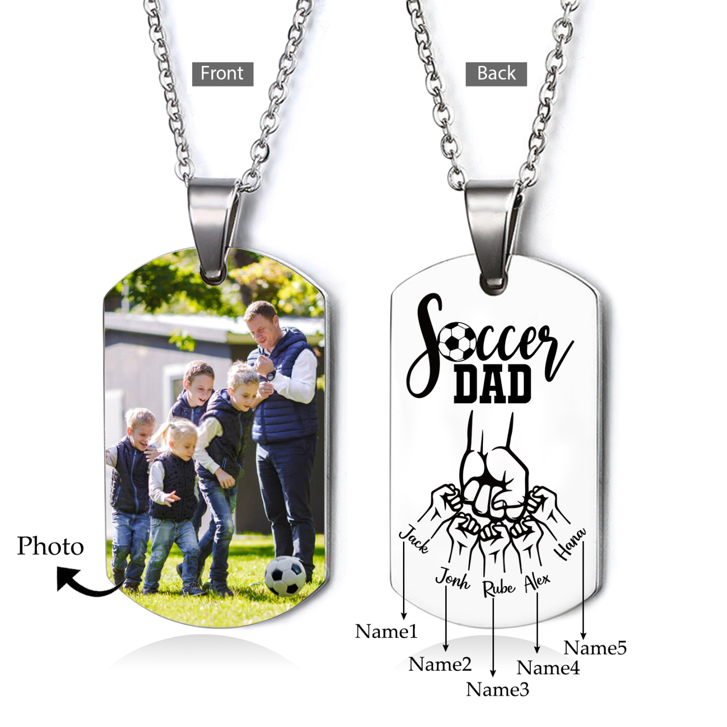 Engraved ‘Soccer Dad’ Necklace – Custom Dog Tag with 1 Photo & 5 Names – Personalised Father’s Day Present for Him | Jessemade