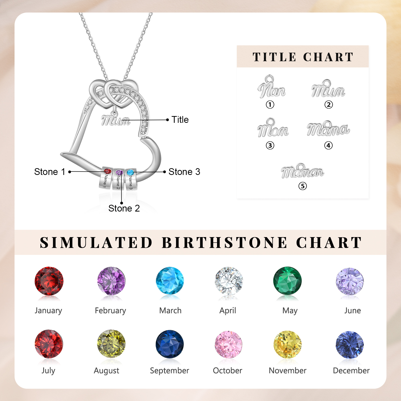 Personalised Mum Heart Necklace with 1-5 Birthstones