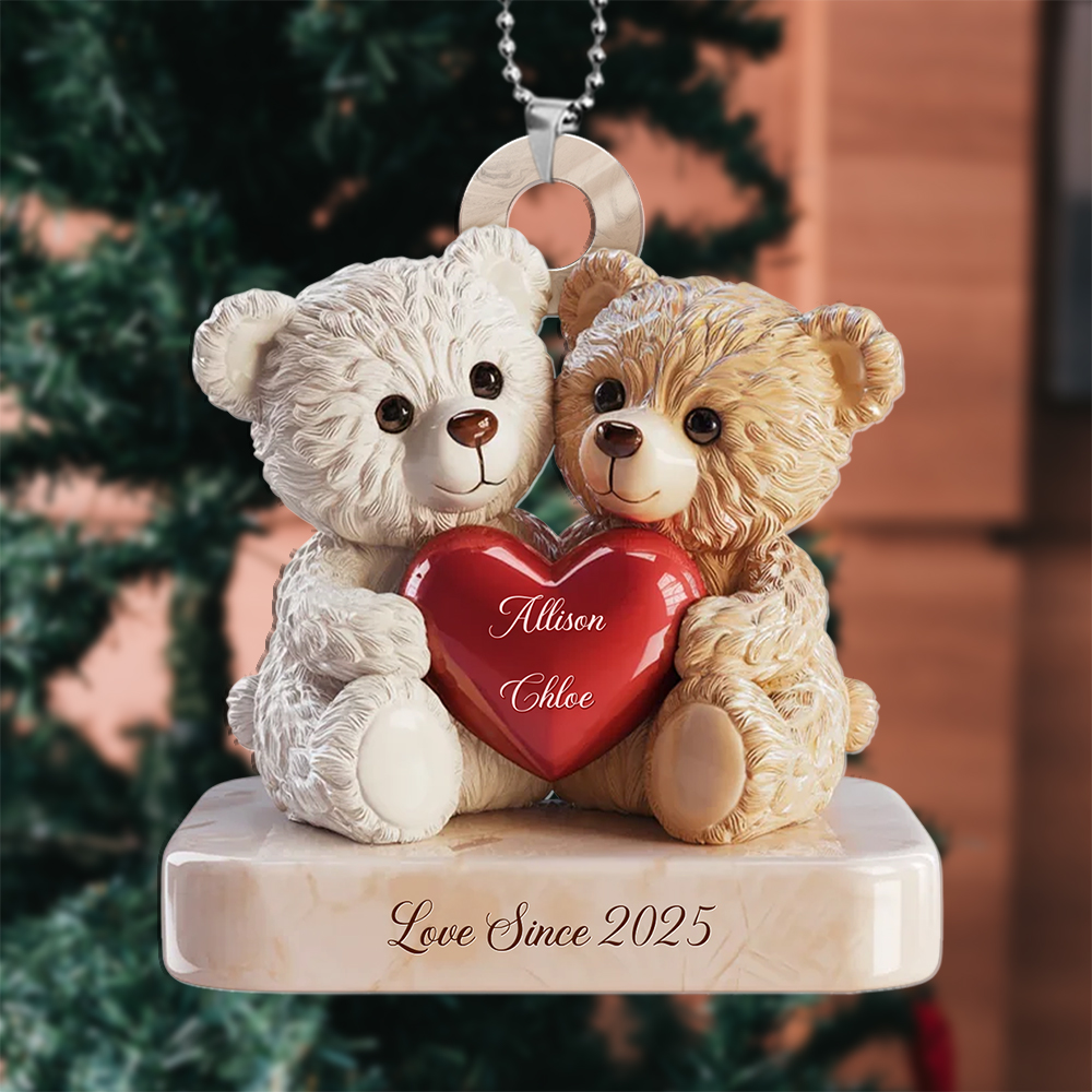 Personalised Couple Heart-Shaped Teddy Bear Christmas Tree Decoration
