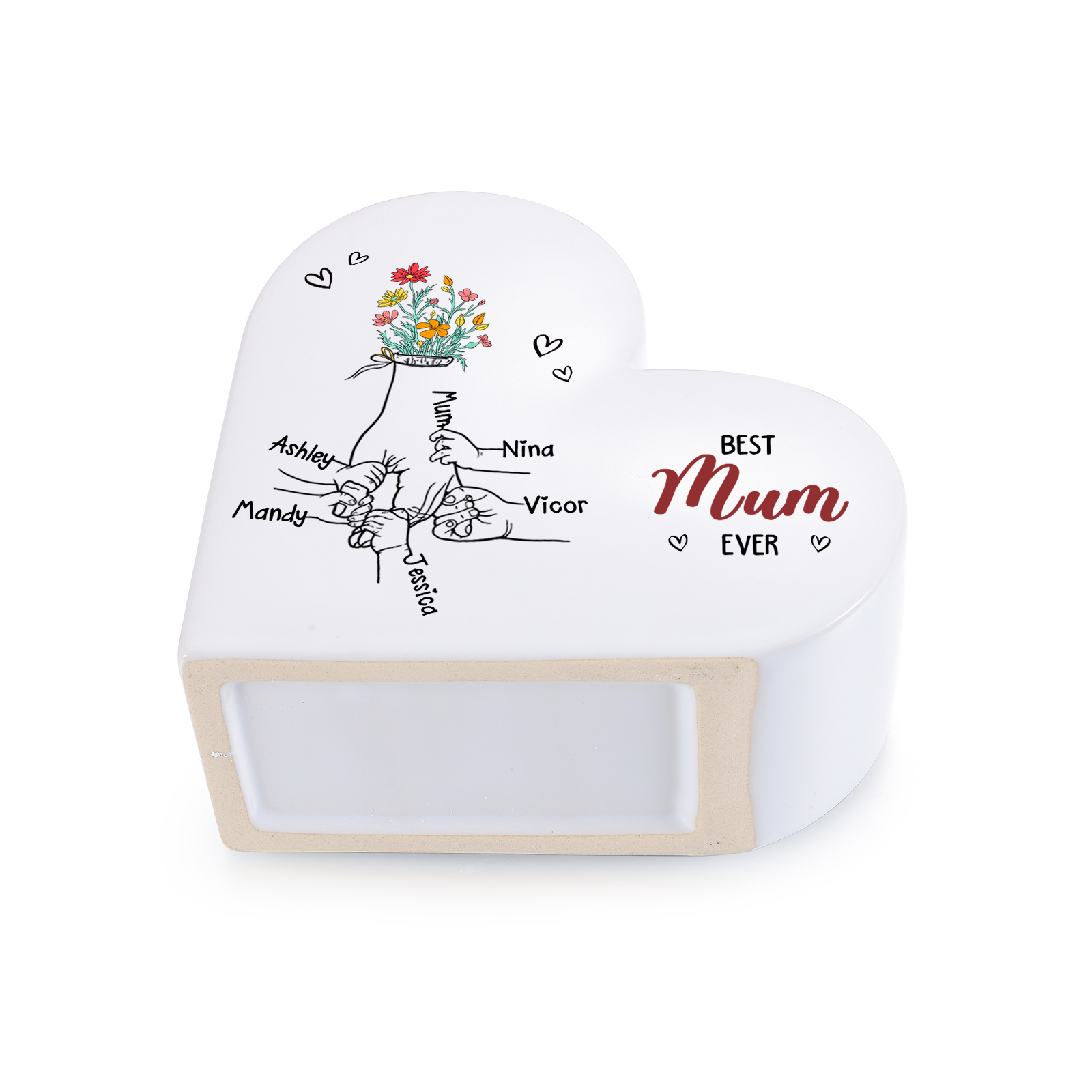 Personalised 2-6 Names Heart Ceramic “Best Mum Ever” Floral Name Vase