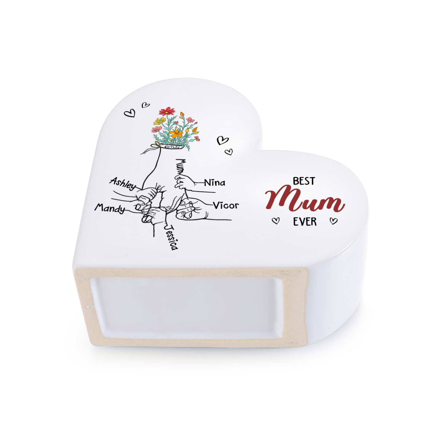 Personalised 2-6 Names Heart Ceramic “Best Mum Ever” Floral Name Vase