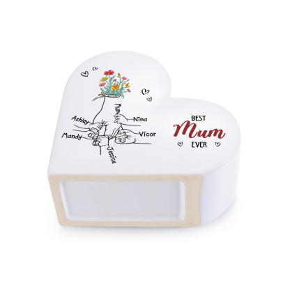 Personalised 2-6 Names Heart Ceramic “Best Mum Ever” Floral Name Vase