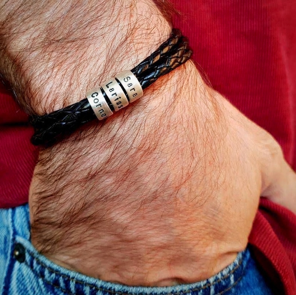 Personalised Braided Leather Bracelet with 2–5 Engraved Name Beads For Him Best Gift For Dad