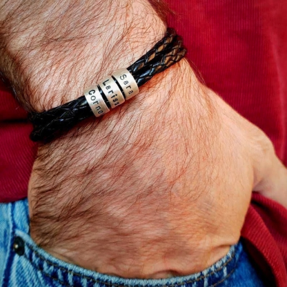 Personalised Braided Leather Bracelet with 2–5 Engraved Name Beads For Him Best Gift For Dad