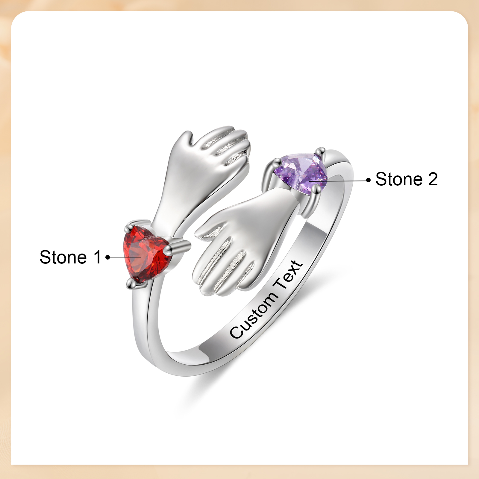 Personalised Adjustable Hug Hands Ring with Heart Birthstones
