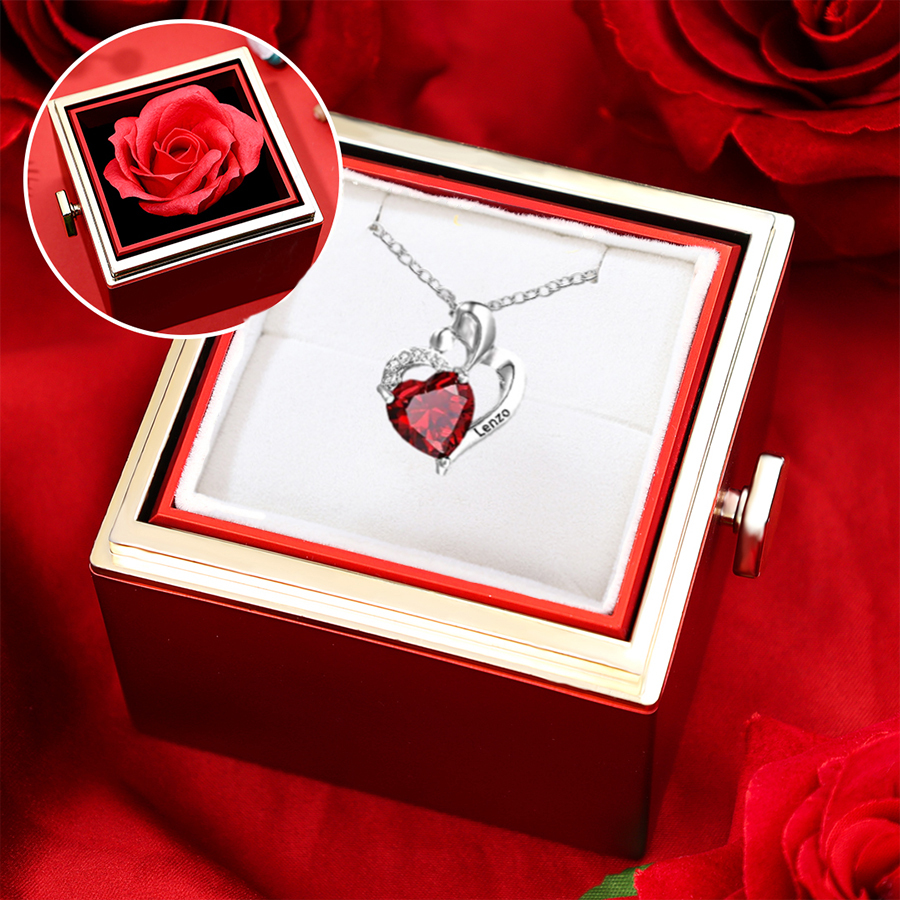 Personalised Name Necklace with Custome Birthstone & Name Heart Necklace with Red Gift Box for Her | Jessemade