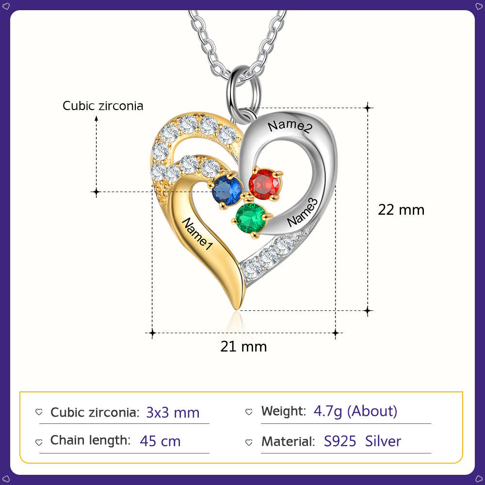 Personalised Heart Necklace With 3 Birthstones Engraved Names Gift For Women