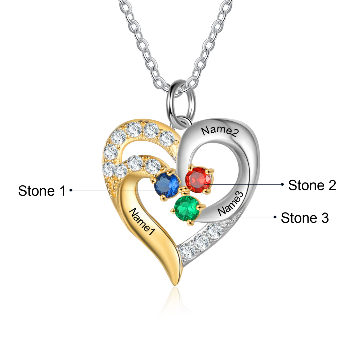 Personalised Heart Necklace With 3 Birthstones Engraved Names Gift For Women