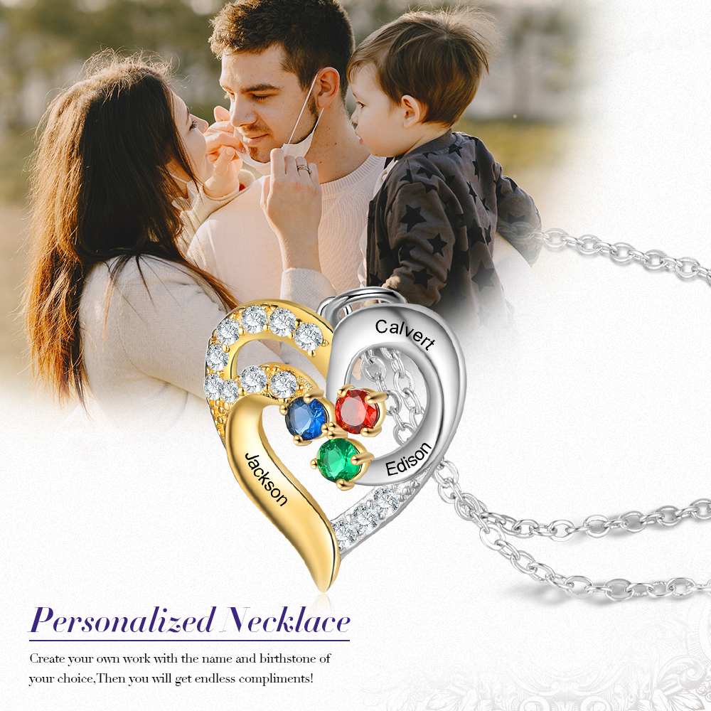 Personalised Heart Necklace With 3 Birthstones Engraved Names Gift For Women