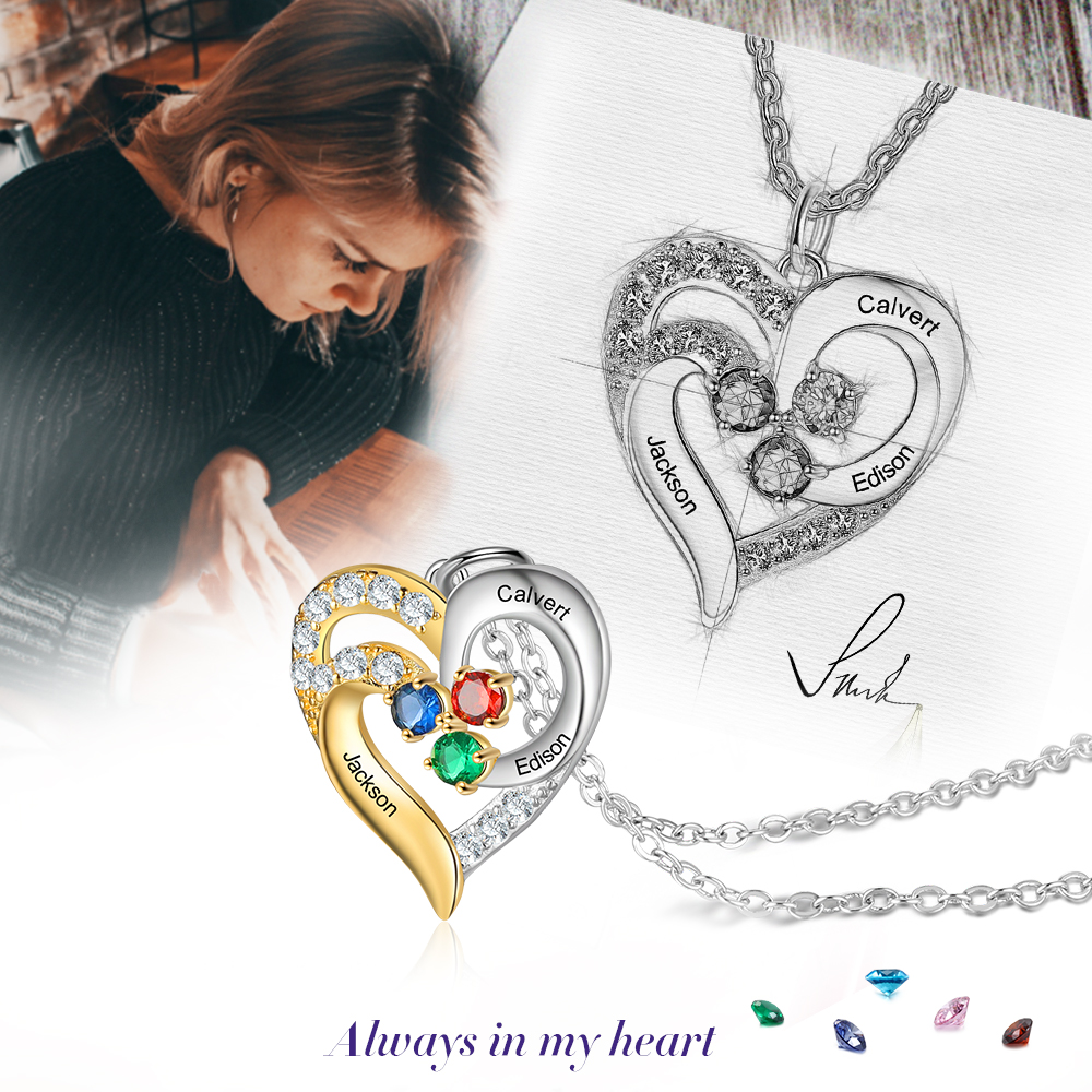 Personalised Heart Necklace With 3 Birthstones Engraved Names Gift For Women