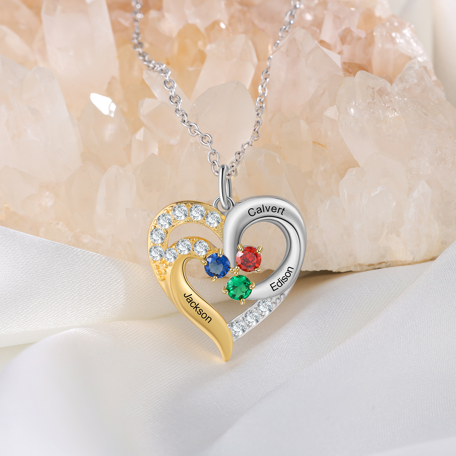 Personalised Heart Necklace With 3 Birthstones Engraved Names Gift For Women