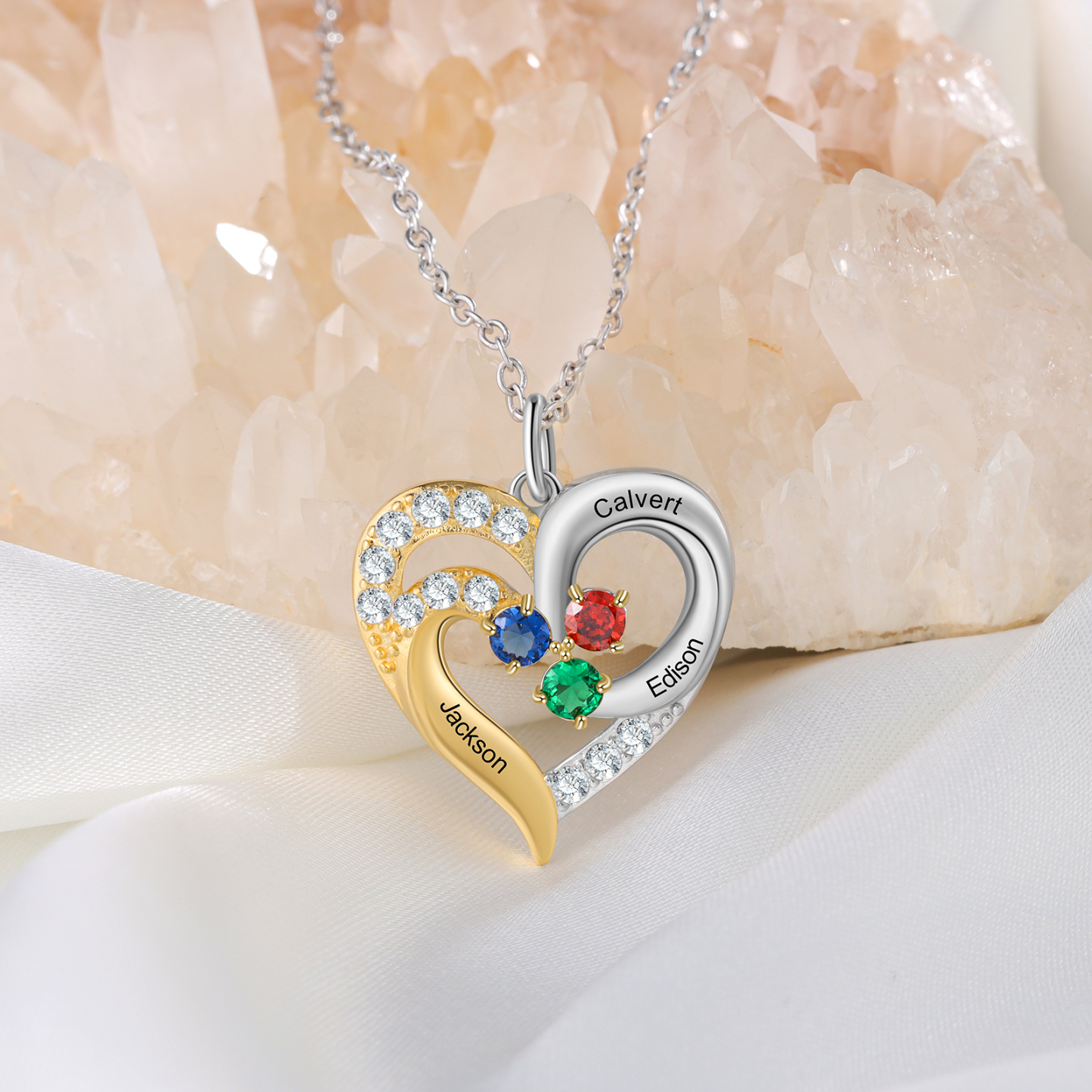 Personalised Heart Necklace With 3 Birthstones Engraved Names Gift For Women