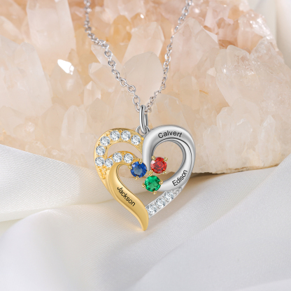 Personalised Heart Necklace With 3 Birthstones Engraved Names Gift For Women