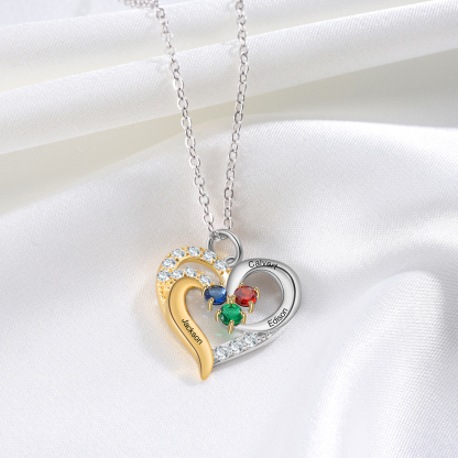 Personalised Heart Necklace With 3 Birthstones Engraved Names Gift For Women
