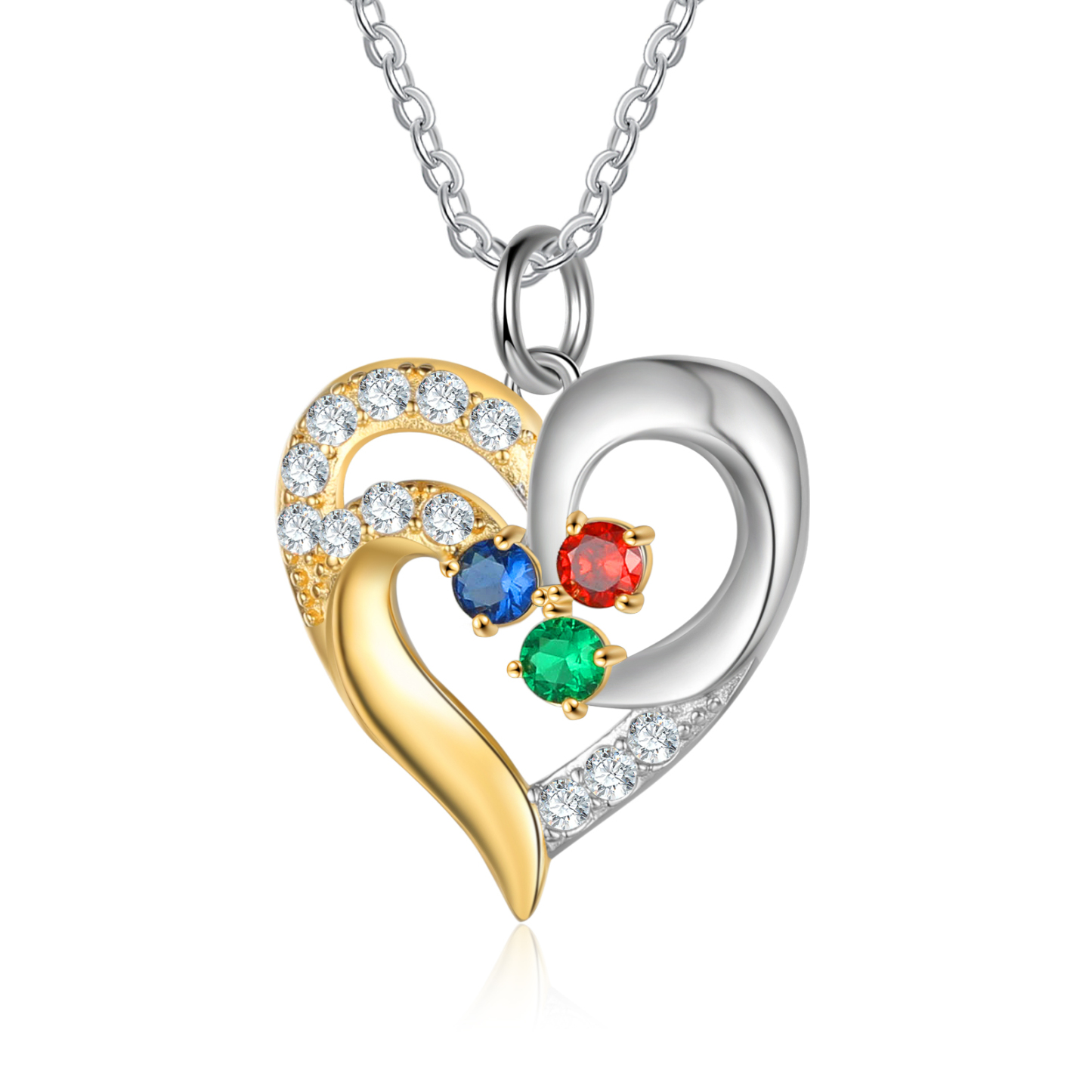 Personalised Heart Necklace With 3 Birthstones Engraved Names Gift For Women