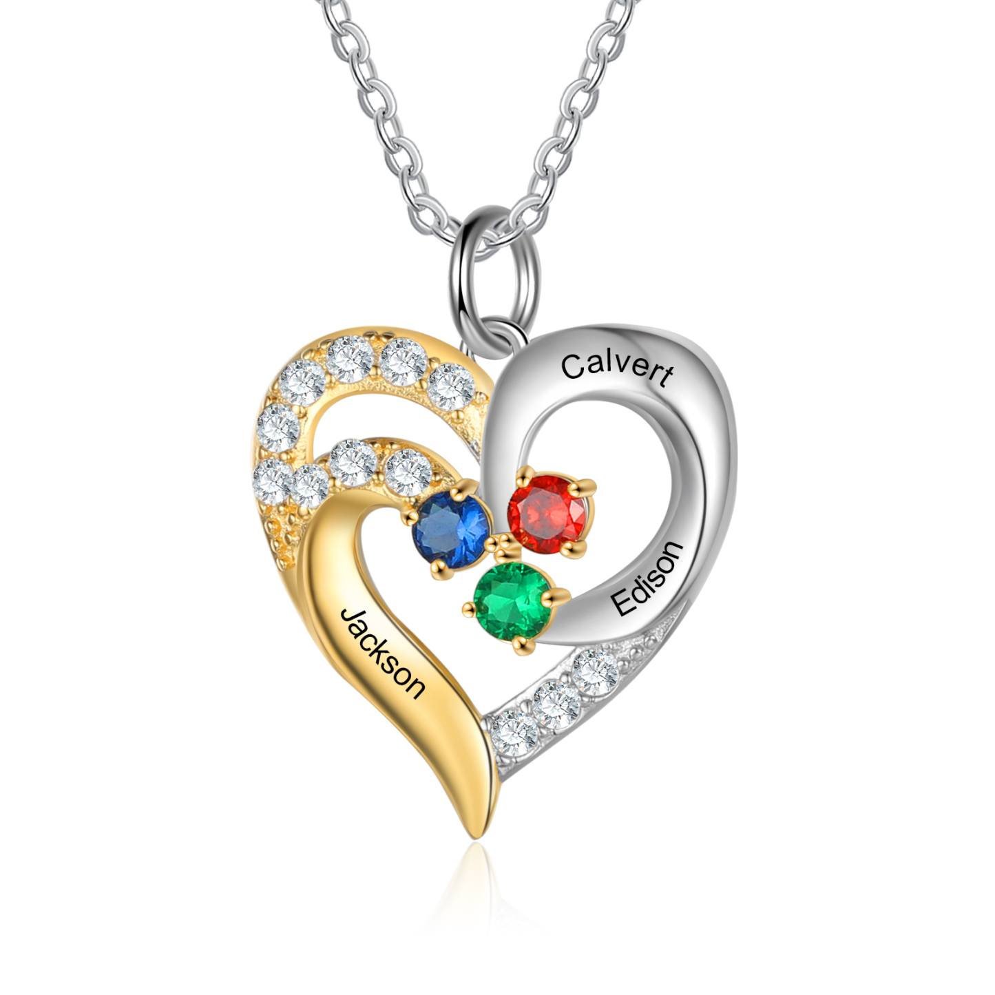 Personalised Heart Necklace With 3 Birthstones Engraved Names Gift For Women