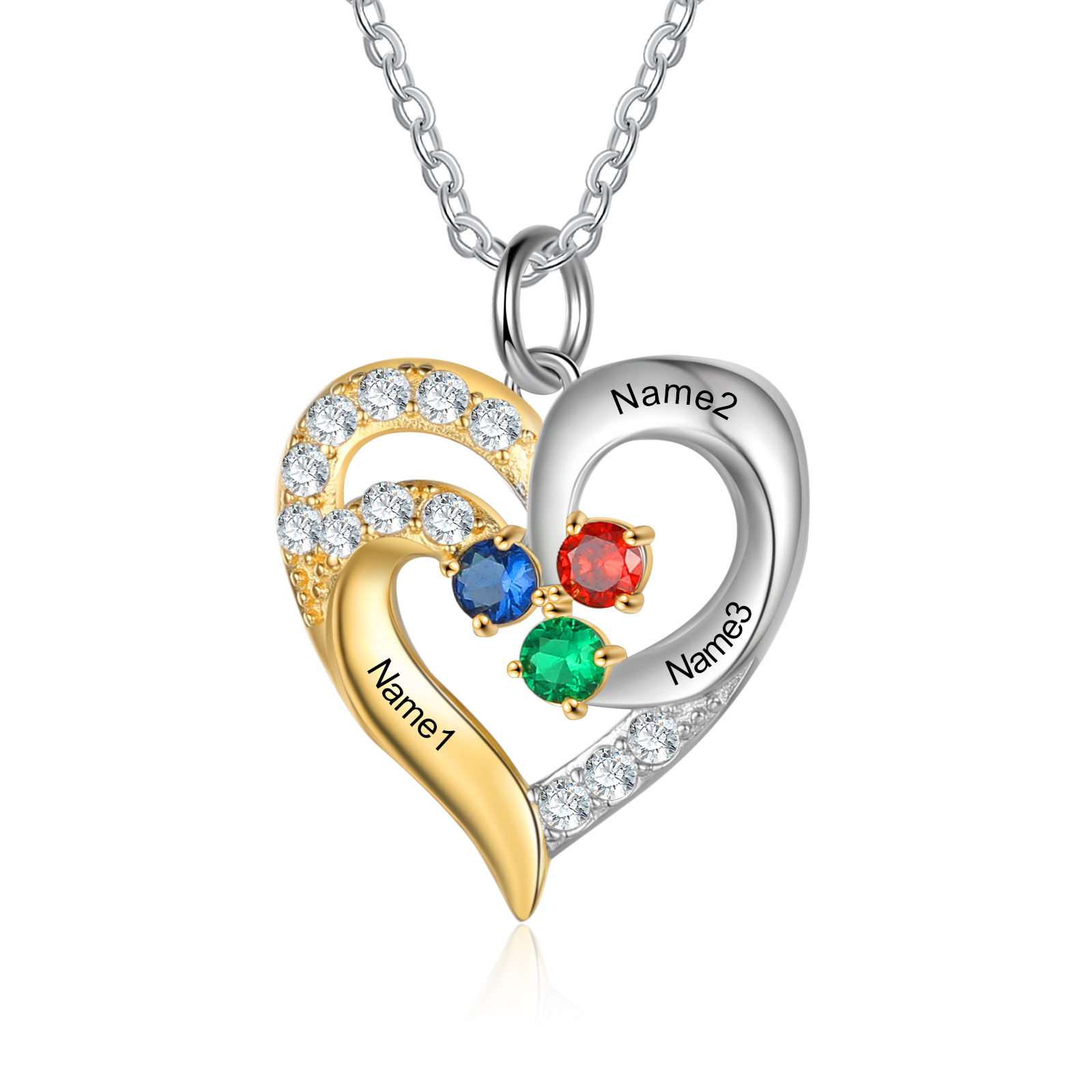 Personalised Heart Necklace With 3 Birthstones Engraved Names Gift For Women