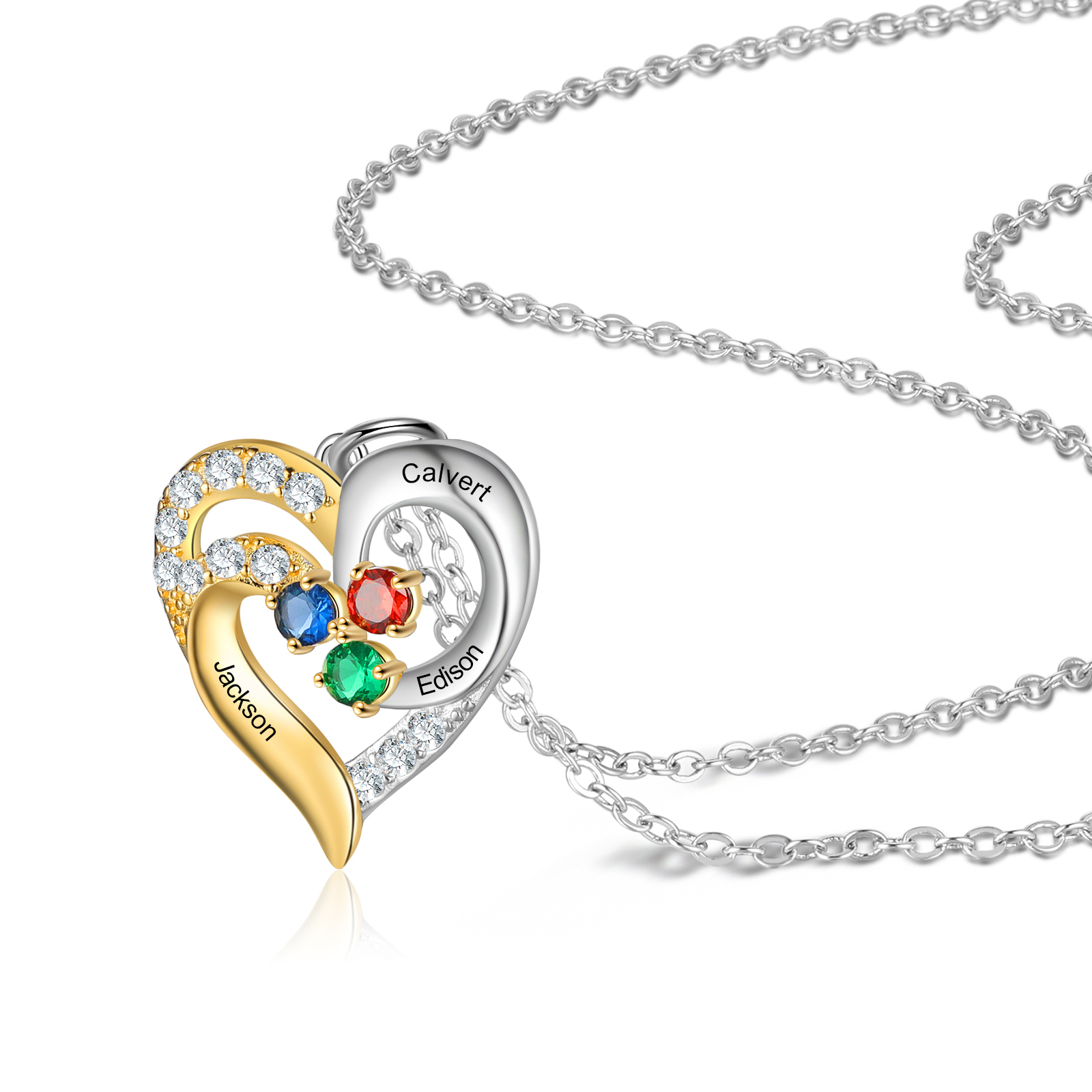 Personalised Heart Necklace With 3 Birthstones Engraved Names Gift For Women