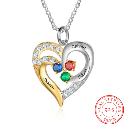 Personalised Heart Necklace With 3 Birthstones Engraved Names Gift For Women