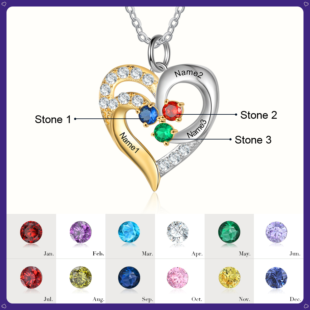 Personalised Heart Necklace With 3 Birthstones Engraved Names Gift For Women