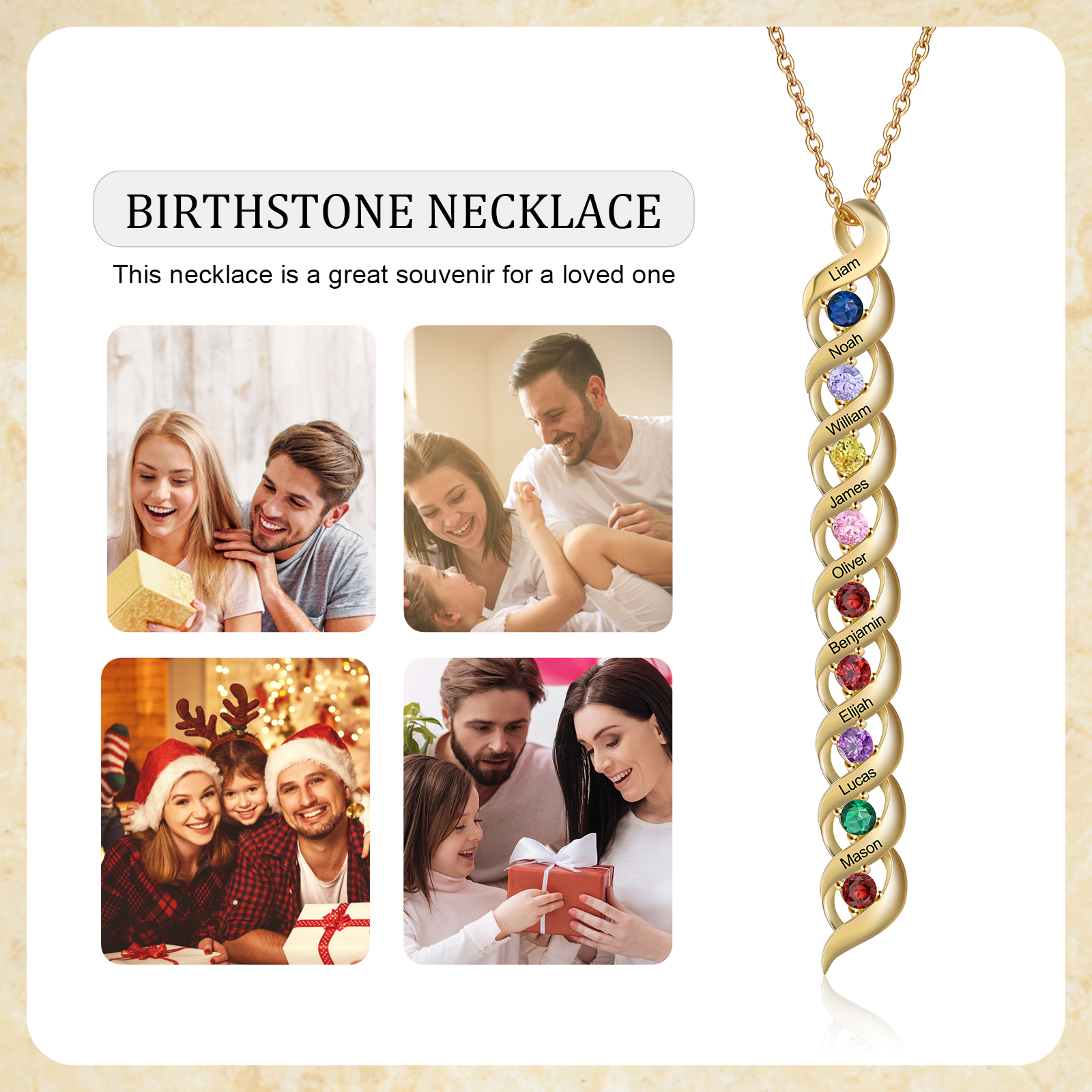 9 Names-Personalized Birthstones Necklace Set With Rose Gift Box-Custom Cascading Pendant Necklace Engraving 9 Names Gifts for Her