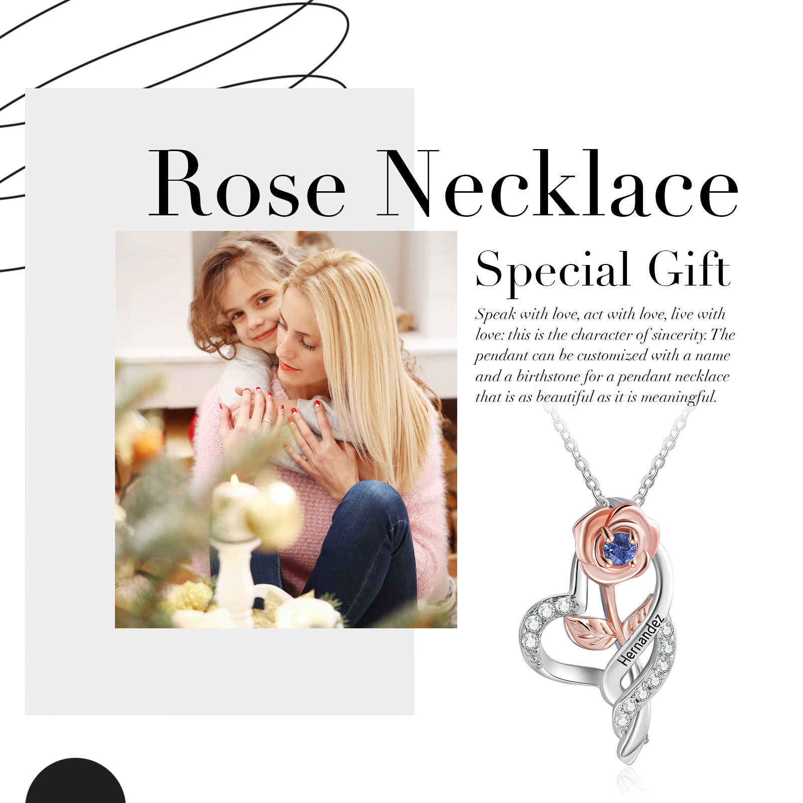 Personalised Rose Heart Necklace with Custom 1 Name & Birthstone Christmas Gift for Her | Jessemade