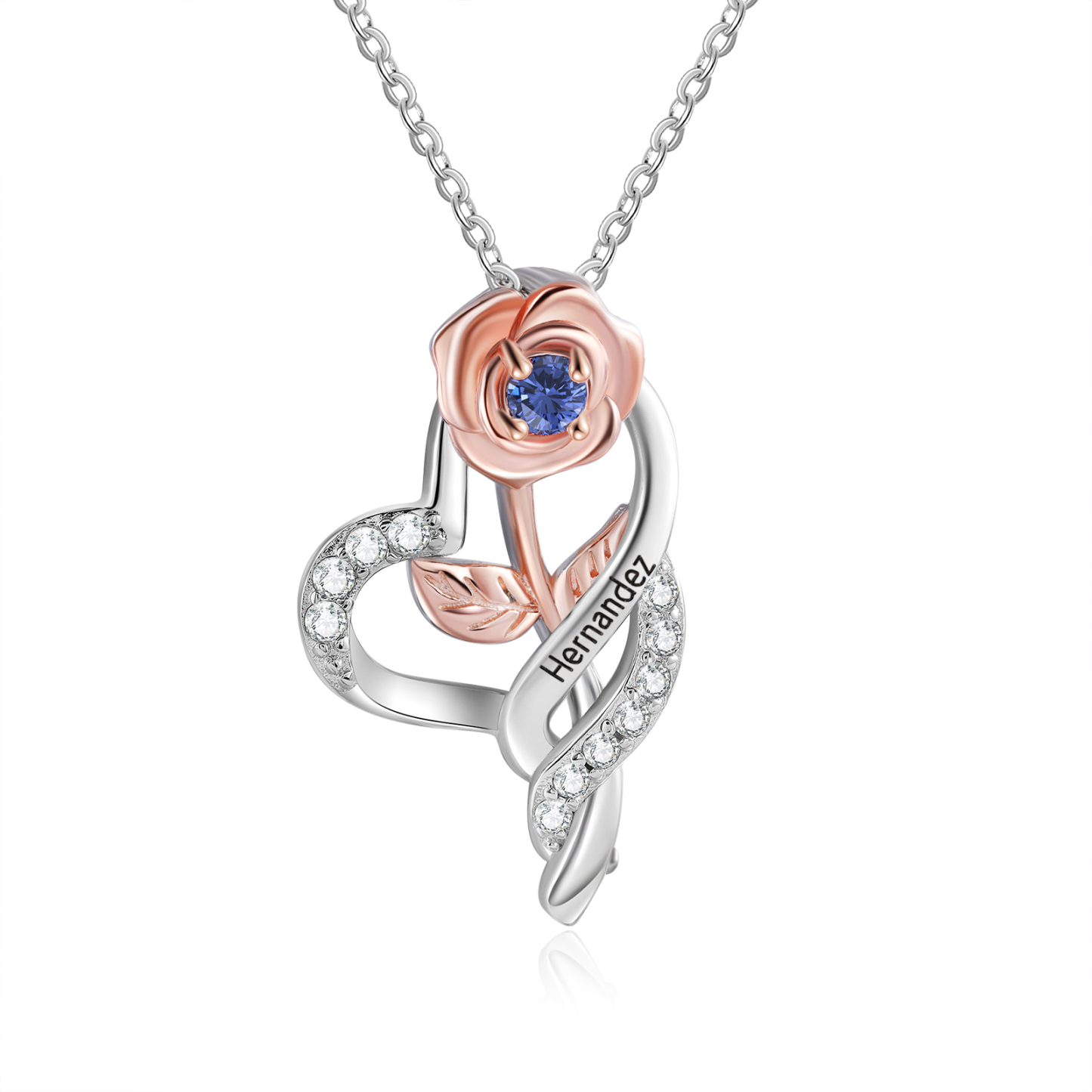 Personalised Rose Heart Necklace with Custom 1 Name & Birthstone Chris