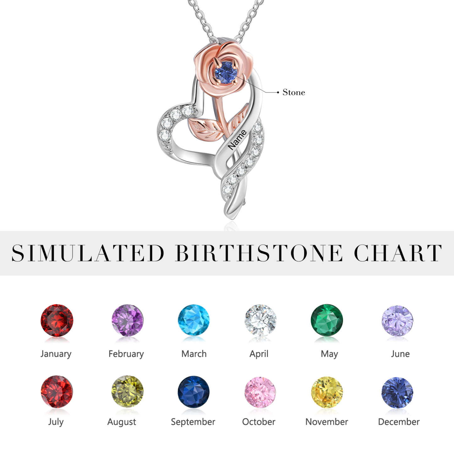 Personalised Rose Heart Necklace with Custom 1 Name & Birthstone Christmas Gift for Her | Jessemade