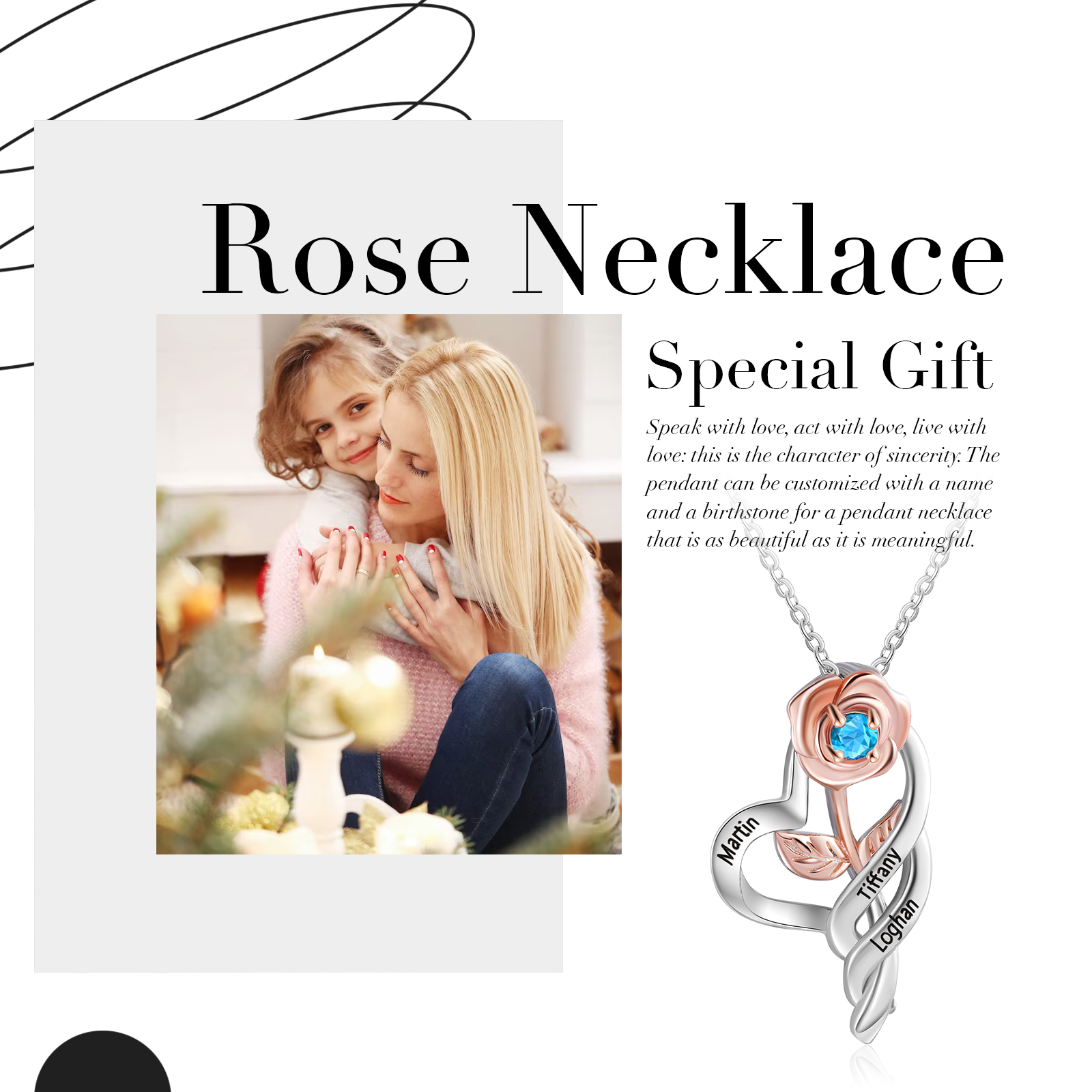 Personalised Rose Heart Necklace with Custom 3 Names & Birthstone Christmas Gift for Her | Jessemade