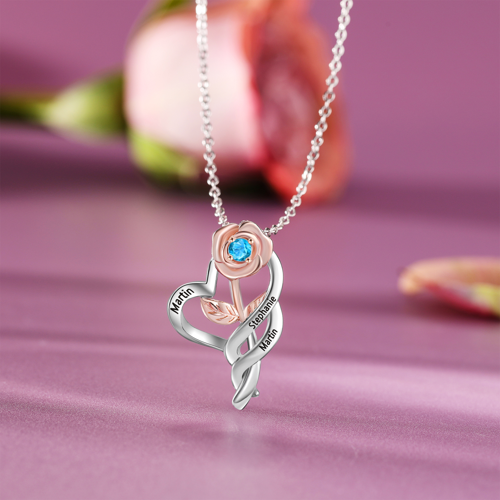 Personalised Rose Heart Necklace with Custom 3 Names & Birthstone Christmas Gift for Her | Jessemade