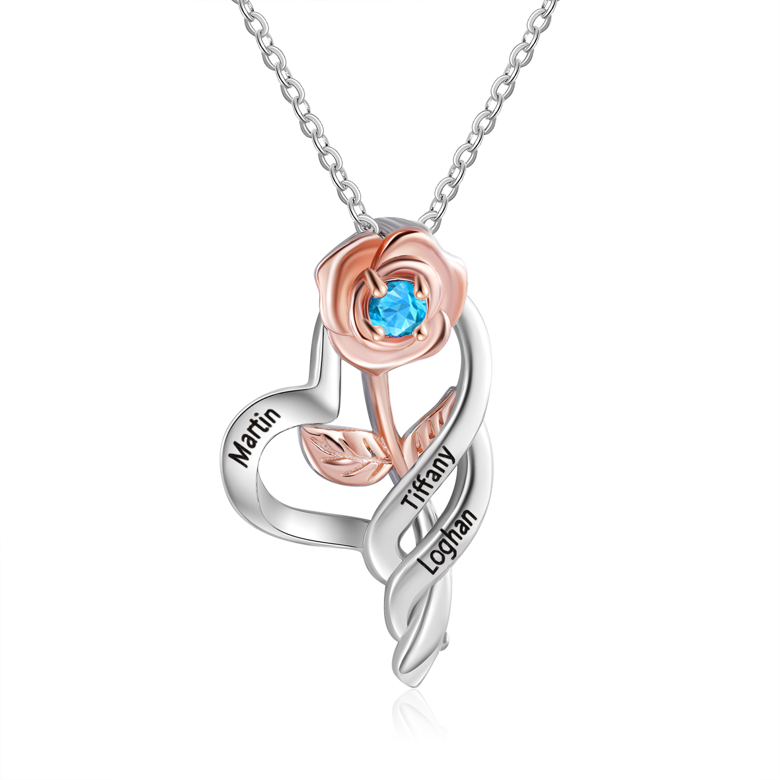 Personalised Rose Heart Necklace with Custom 3 Names & Birthstone Chri
