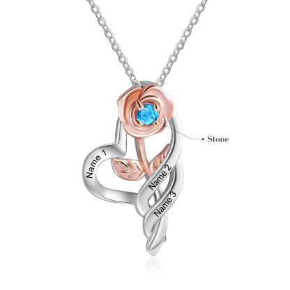 Personalised Rose Heart Necklace with Custom 3 Names & Birthstone Christmas Gift for Her | Jessemade
