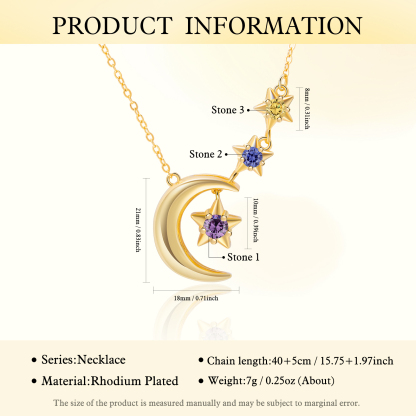 3 Birthstones - Personalised Birthstone Crescent Star Necklace, Gift for Her
