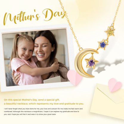3 Birthstones - Personalised Birthstone Crescent Star Necklace, Gift for Her