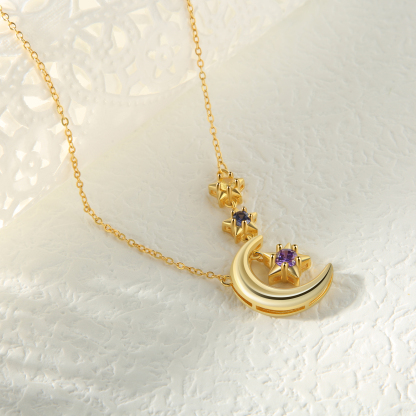 3 Birthstones - Personalised Birthstone Crescent Star Necklace, Gift for Her