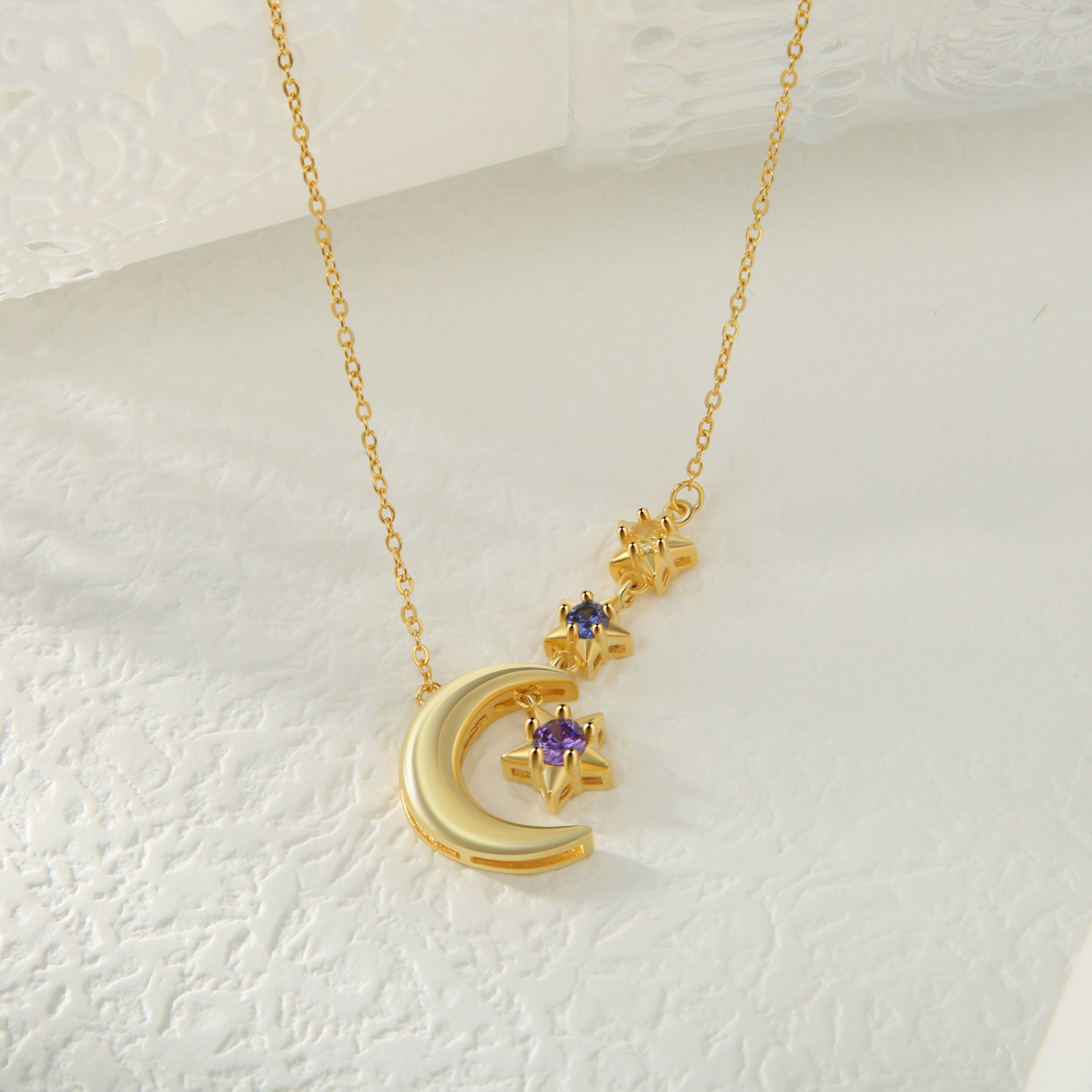 3 Birthstones - Personalised Birthstone Crescent Star Necklace, Gift for Her