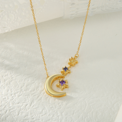 3 Birthstones - Personalised Birthstone Crescent Star Necklace, Gift for Her
