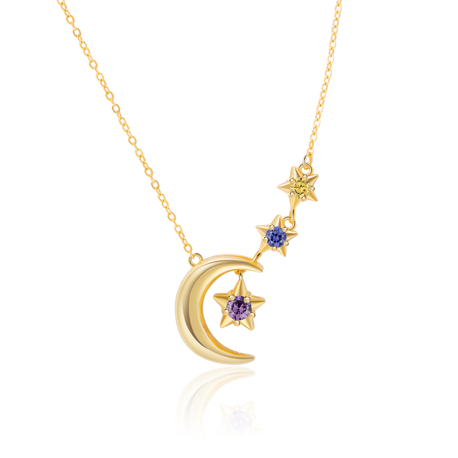 3 Birthstones - Personalised Birthstone Crescent Star Necklace, Gift for Her