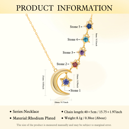 5 Birthstones - Personalised Birthstone Crescent Star Necklace, Gift for Her