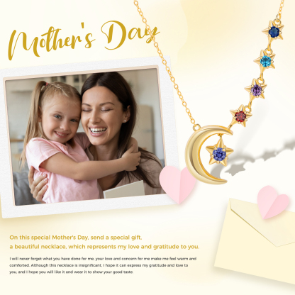 5 Birthstones - Personalised Birthstone Crescent Star Necklace, Gift for Her