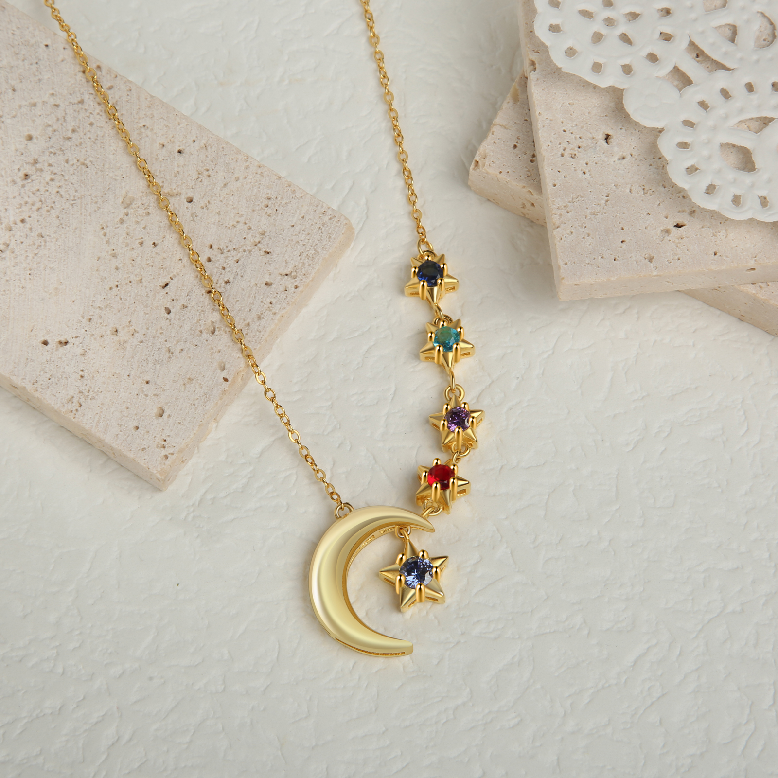 5 Birthstones - Personalised Birthstone Crescent Star Necklace, Gift for Her