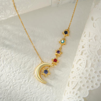 5 Birthstones - Personalised Birthstone Crescent Star Necklace, Gift for Her