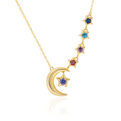 5 Birthstones - Personalised Birthstone Crescent Star Necklace, Gift for Her