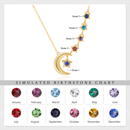 5 Birthstones - Personalised Birthstone Crescent Star Necklace, Gift for Her