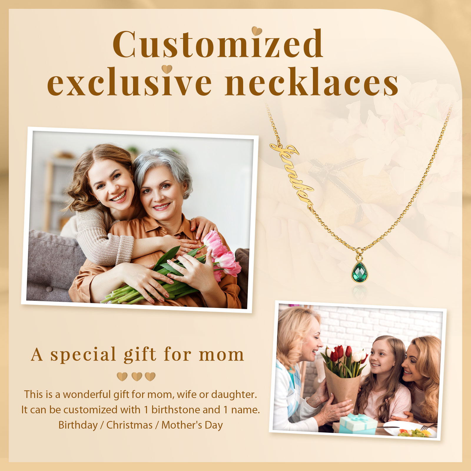 Personalised Necklace with Custom Name and Birthstone Birthday Gift for Her | Jessemade