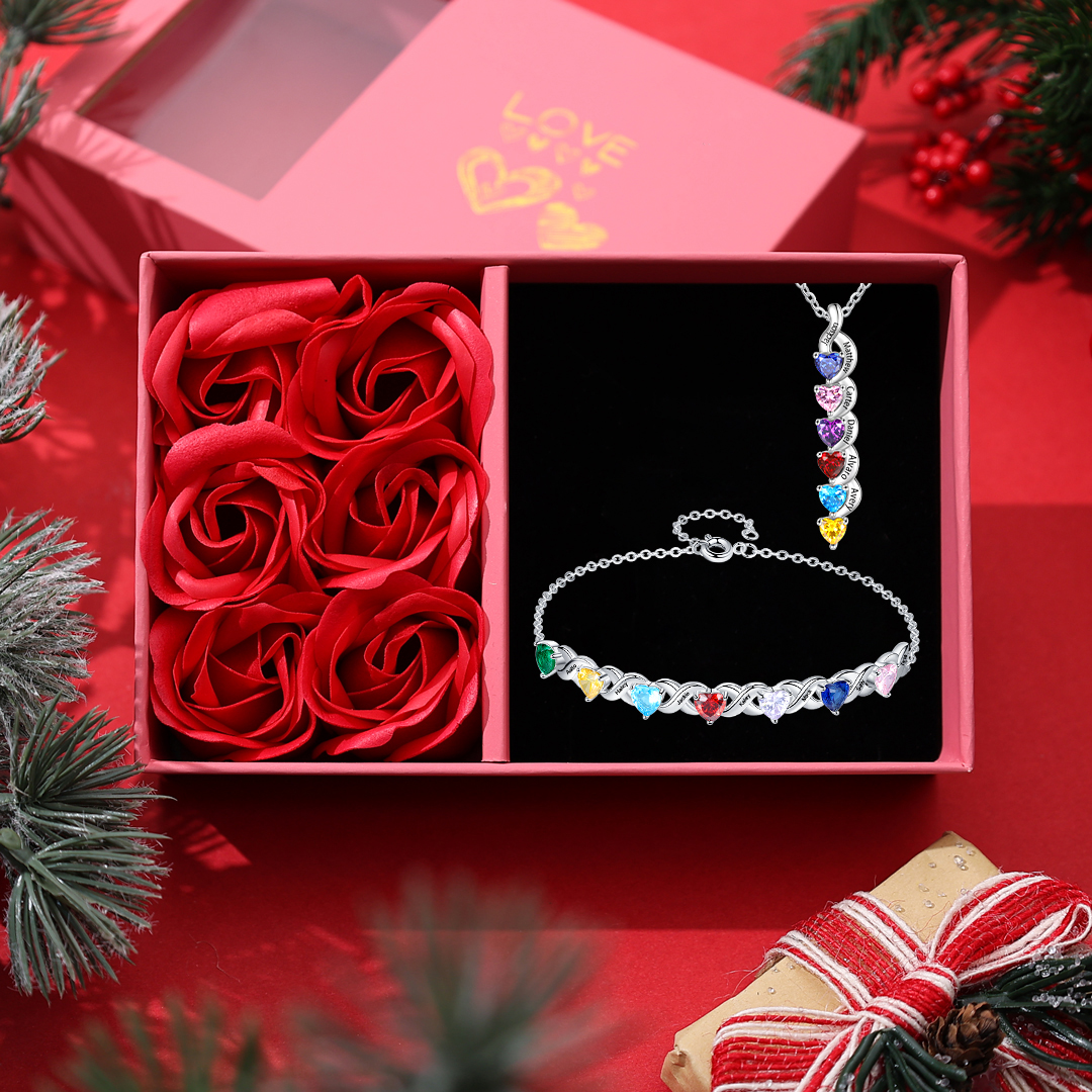 6 Names-Personalized Birthstone & 6 Names Necklace & Bracelet set Special Gift Set With Rose Gift Box Christmas gift for Women | Jessemade